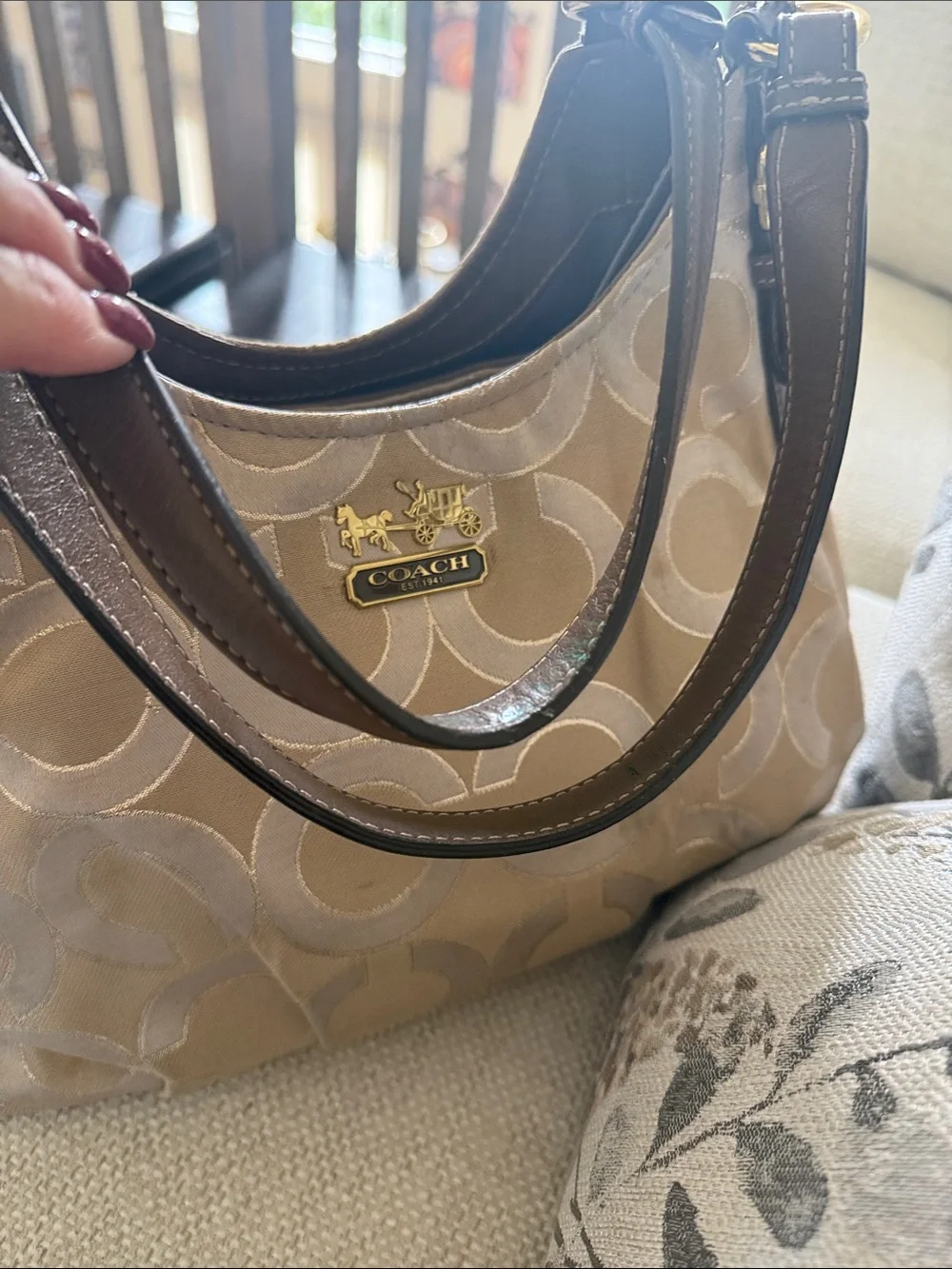 Vintage Coach Beige Signature Canvas Shoulder Bag with Brown Leather Trim